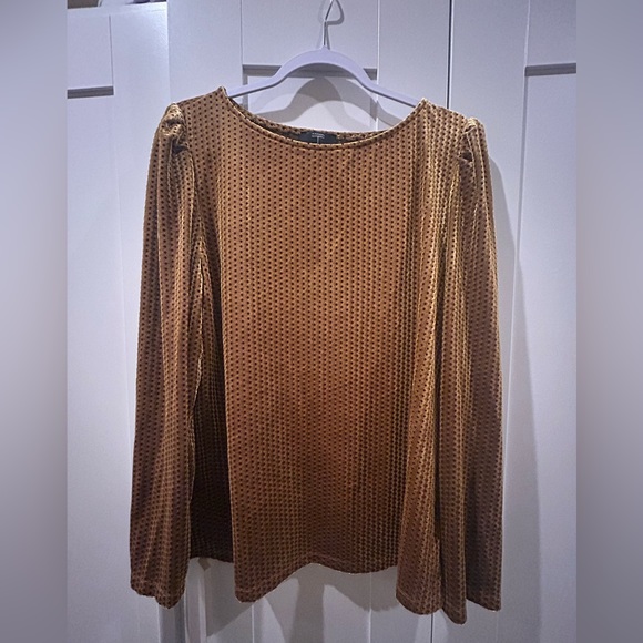 Tahari Women’s Gold Metallic Polka Dot Velvet Long Sleeve Blouse - New Condition - Picture 2 of 6